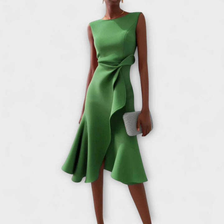 Evelyn | Cosy Draped Asymmetric Cocktail Midi Dress