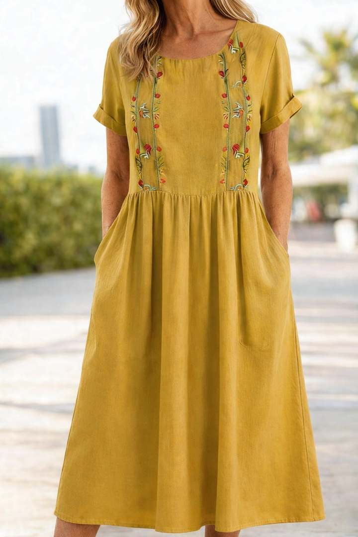 Evelyn | Graceful Embroidered Linen Dress Midi with Pockets