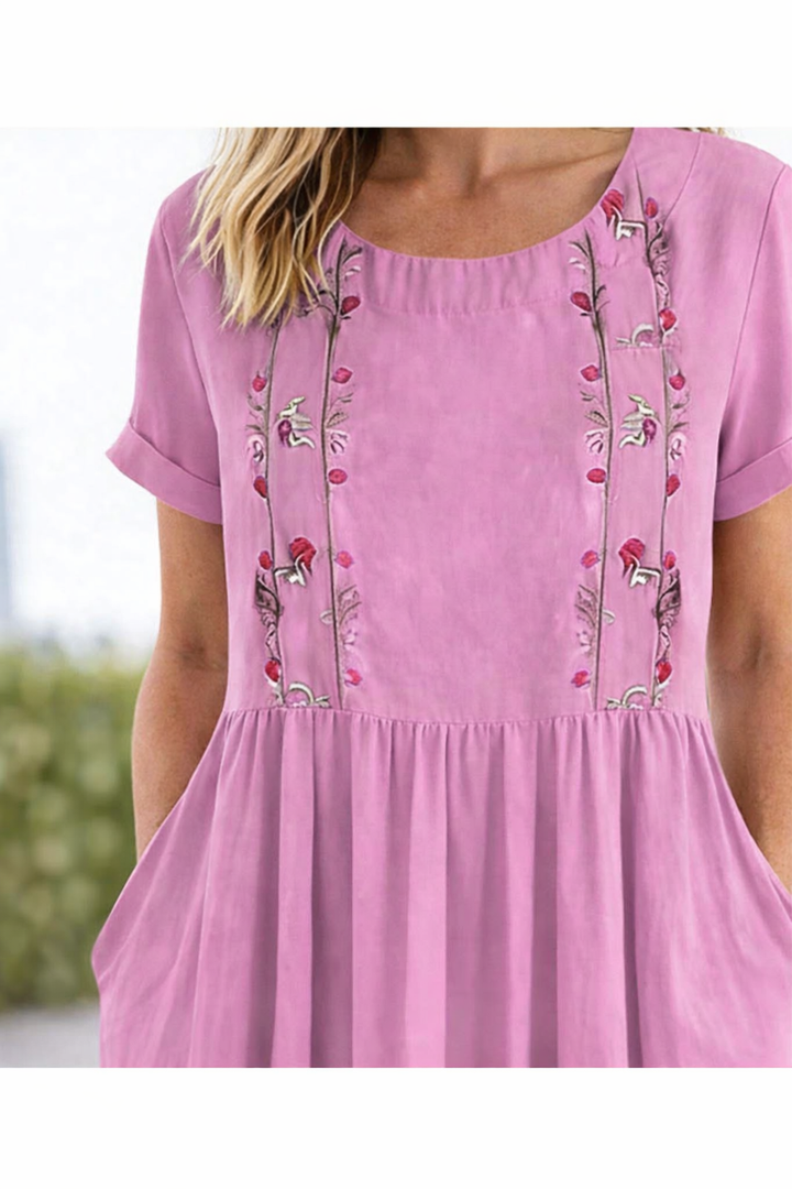 Evelyn | Graceful Embroidered Linen Dress Midi with Pockets