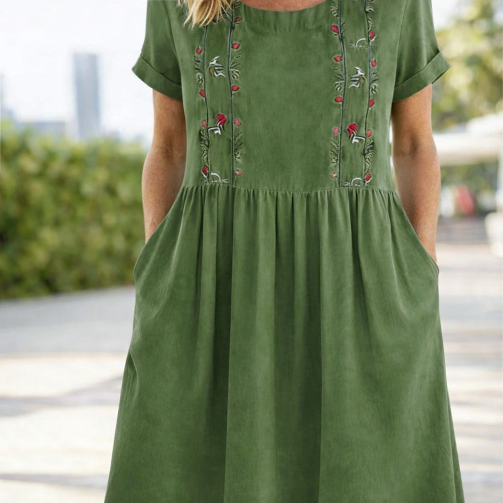 Evelyn | Graceful Embroidered Linen Dress Midi with Pockets