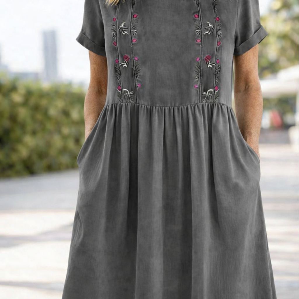 Evelyn | Graceful Embroidered Linen Dress Midi with Pockets