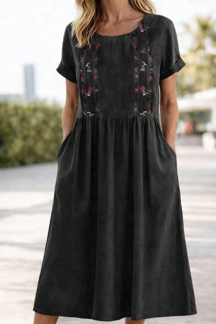 Evelyn | Graceful Embroidered Linen Dress Midi with Pockets