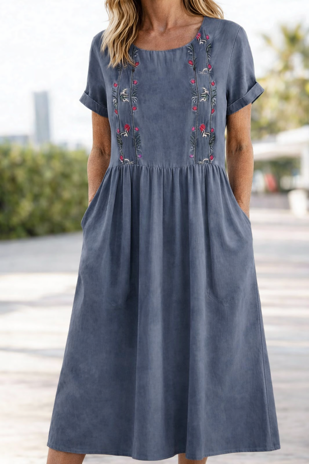 Evelyn | Graceful Embroidered Linen Dress Midi with Pockets