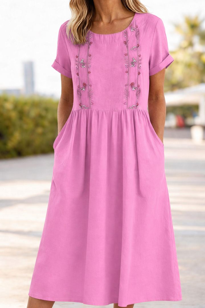 Evelyn | Graceful Embroidered Linen Dress Midi with Pockets