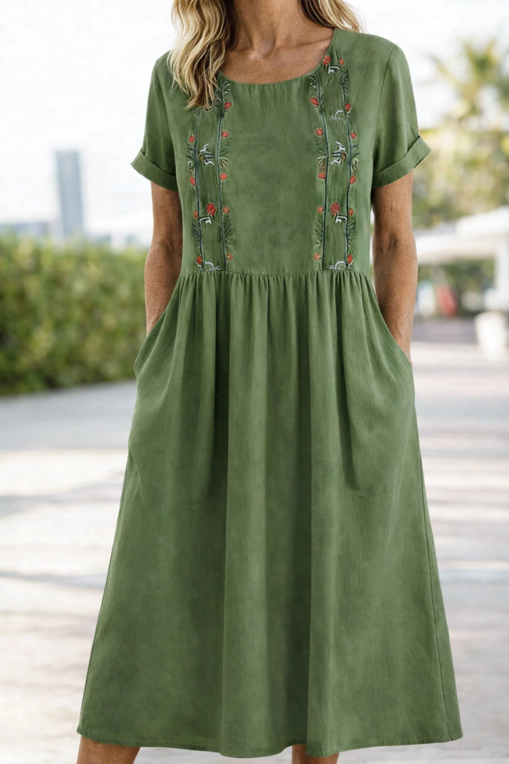 Evelyn | Graceful Embroidered Linen Dress Midi with Pockets