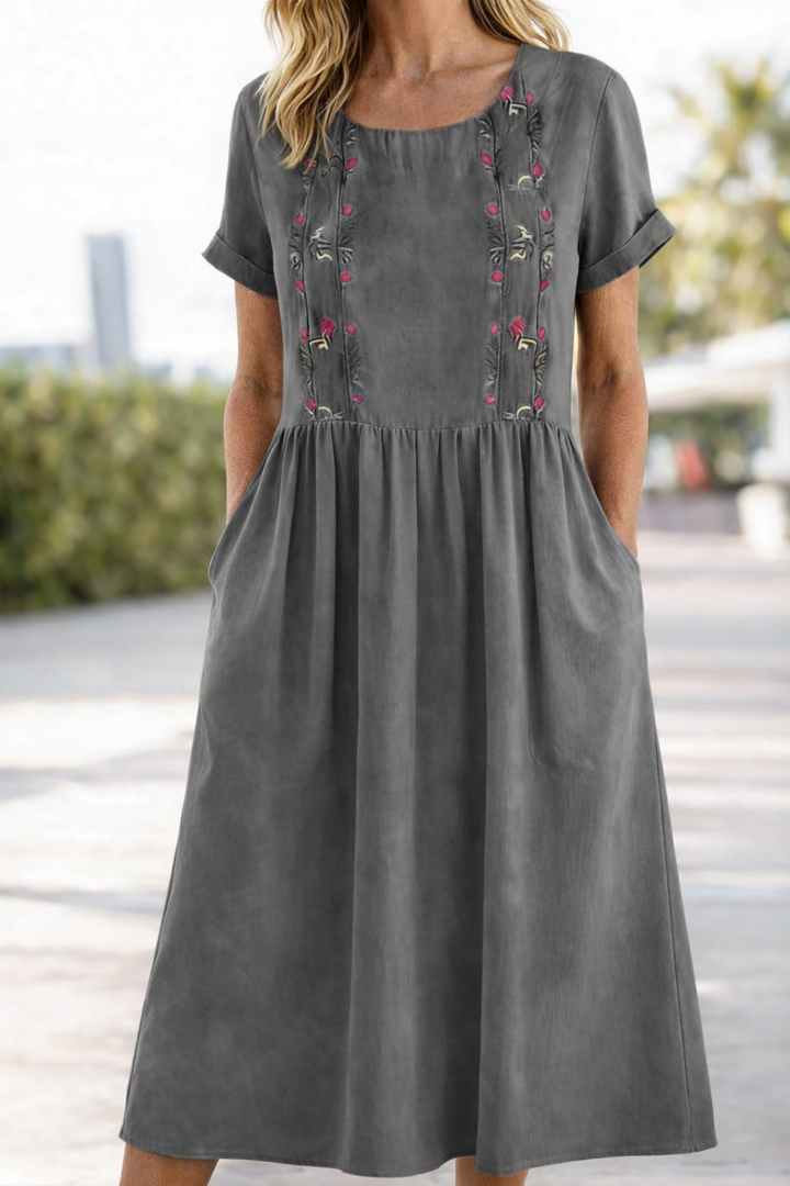 Evelyn | Graceful Embroidered Linen Dress Midi with Pockets
