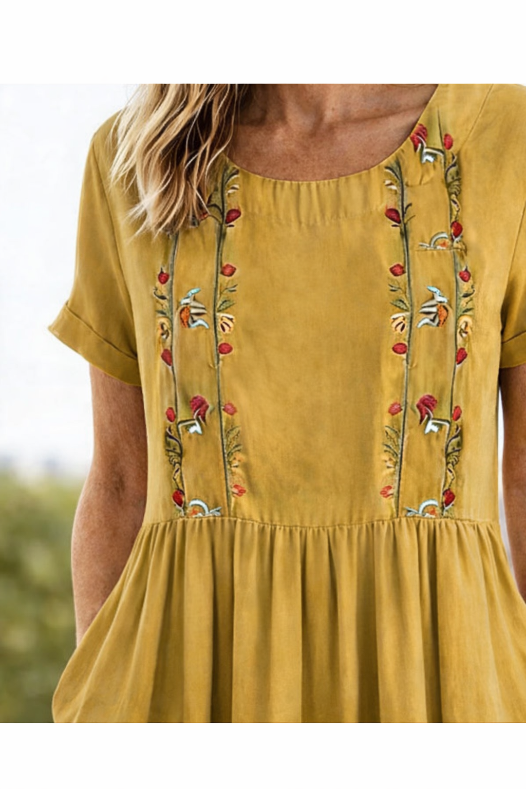 Evelyn | Graceful Embroidered Linen Dress Midi with Pockets