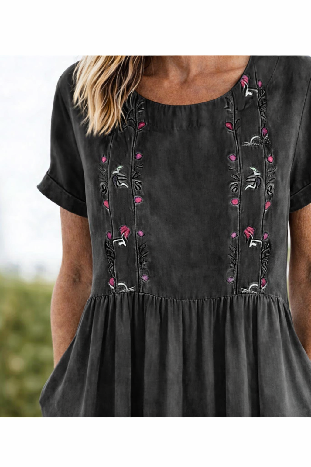 Evelyn | Graceful Embroidered Linen Dress Midi with Pockets