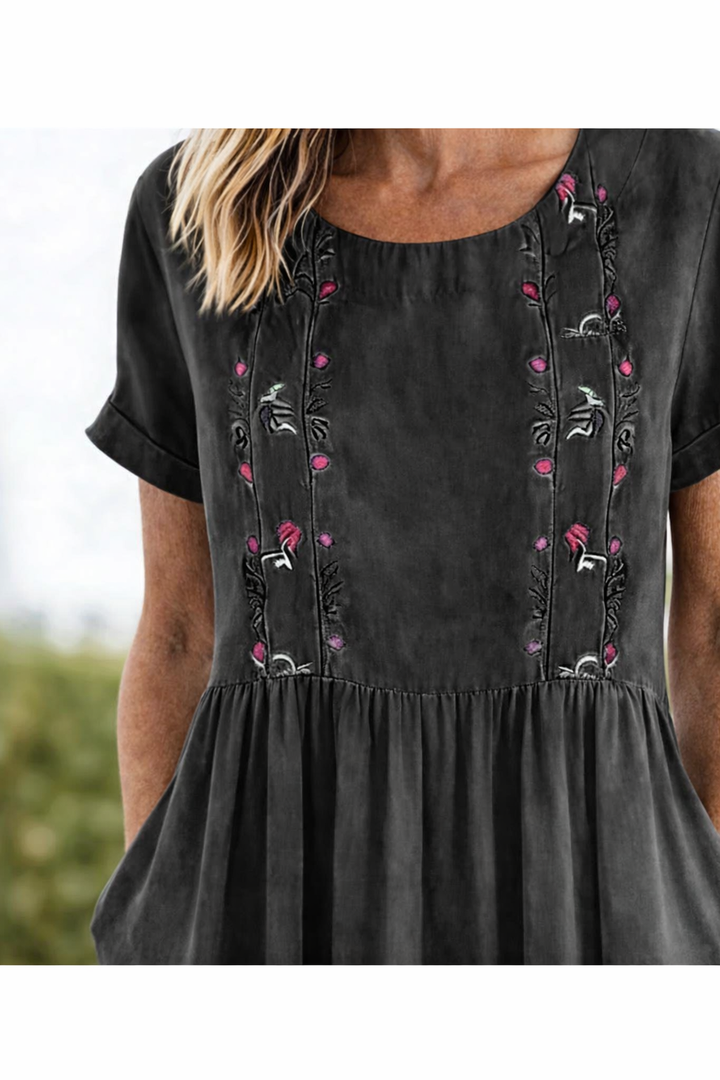 Evelyn | Graceful Embroidered Linen Dress Midi with Pockets