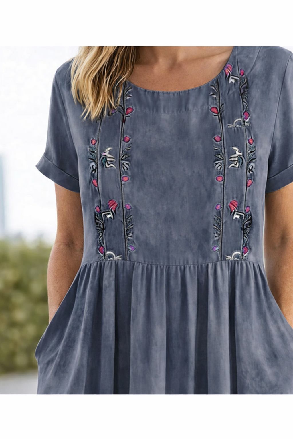 Evelyn | Graceful Embroidered Linen Dress Midi with Pockets