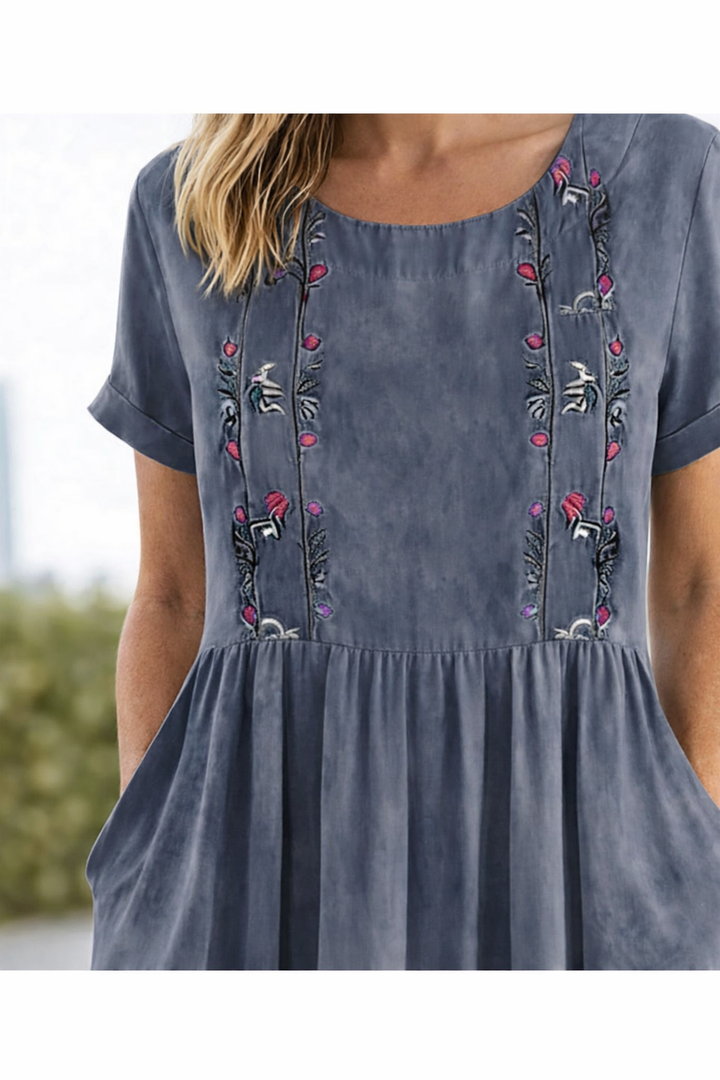 Evelyn | Graceful Embroidered Linen Dress Midi with Pockets