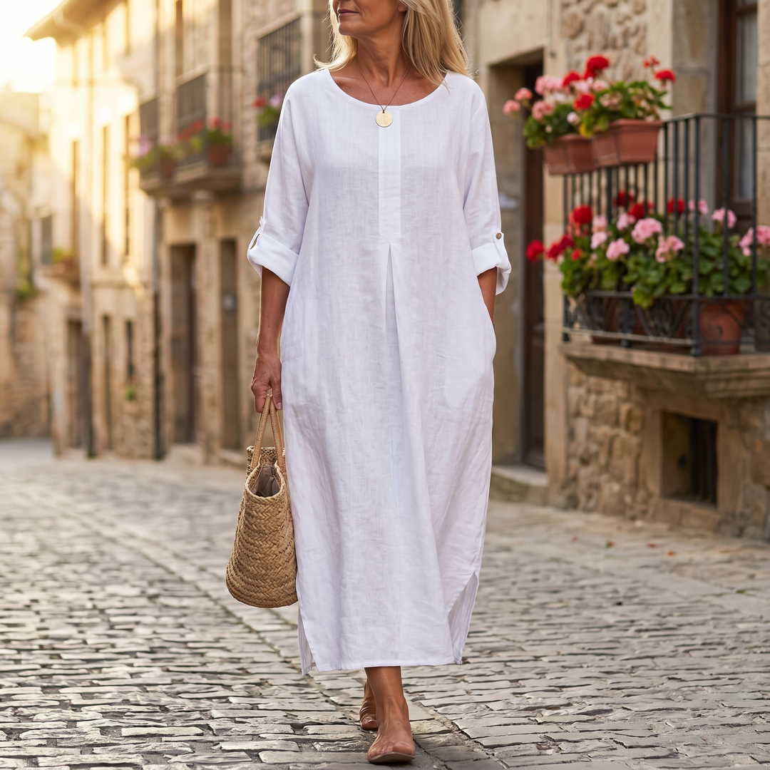 Evie | Graceful Pleat Front Maxi Linen Dress