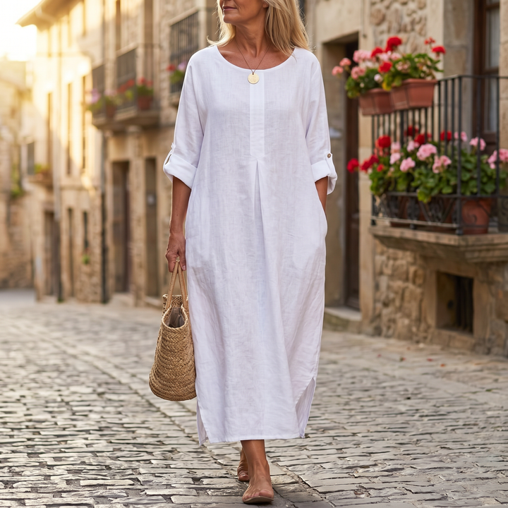 Evie | Graceful Pleat Front Maxi Linen Dress