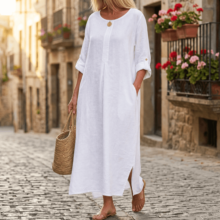 Evie | Graceful Pleat Front Maxi Linen Dress