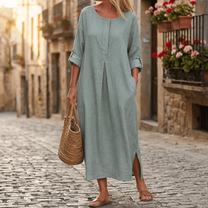Evie | Graceful Pleat Front Maxi Linen Dress