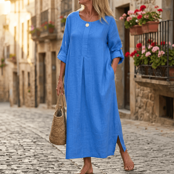 Evie | Graceful Pleat Front Maxi Linen Dress