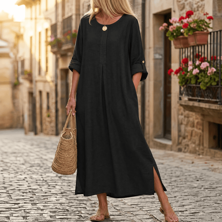 Evie | Graceful Pleat Front Maxi Linen Dress