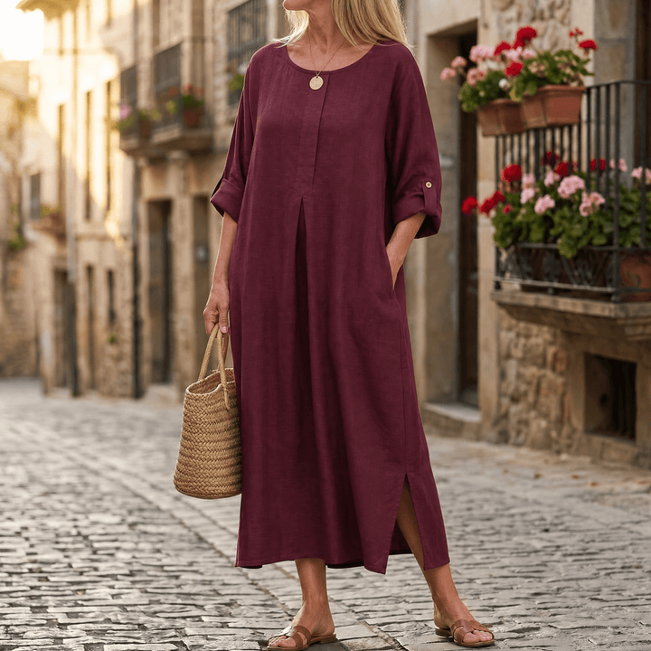 Evie | Graceful Pleat Front Maxi Linen Dress