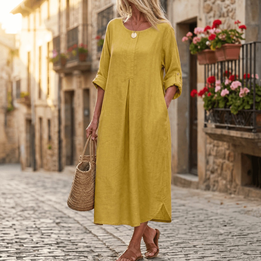 Evie | Graceful Pleat Front Maxi Linen Dress
