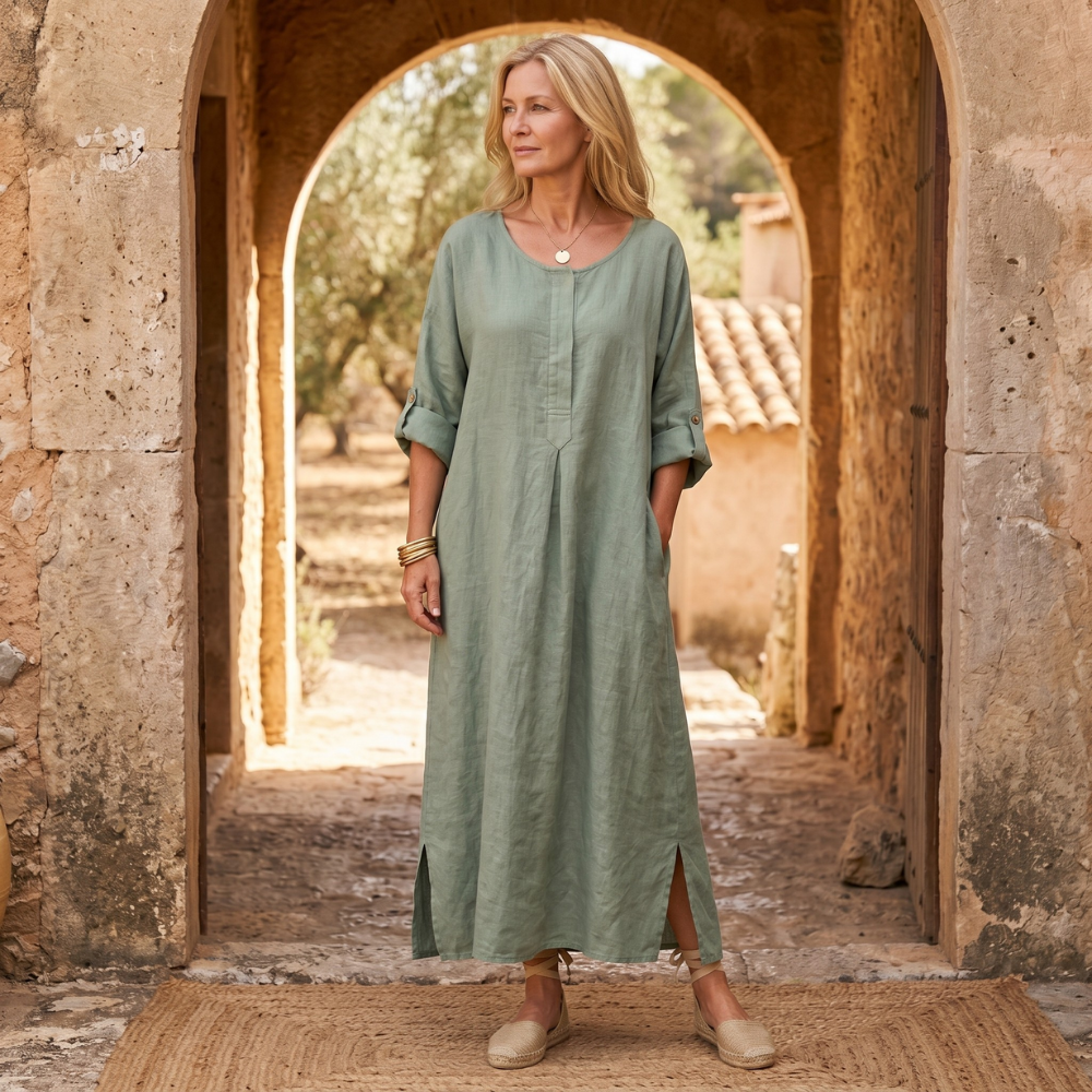Evie | Graceful Pleat Front Maxi Linen Dress
