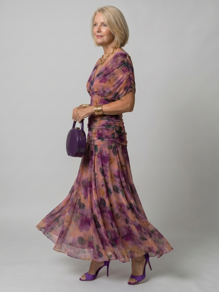 Evie | Refined Floral Draped Boho Dress with Flutter Sleeves