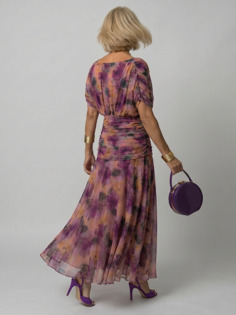 Evie | Refined Floral Draped Boho Dress with Flutter Sleeves