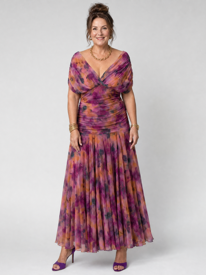 Evie | Refined Floral Draped Boho Dress with Flutter Sleeves