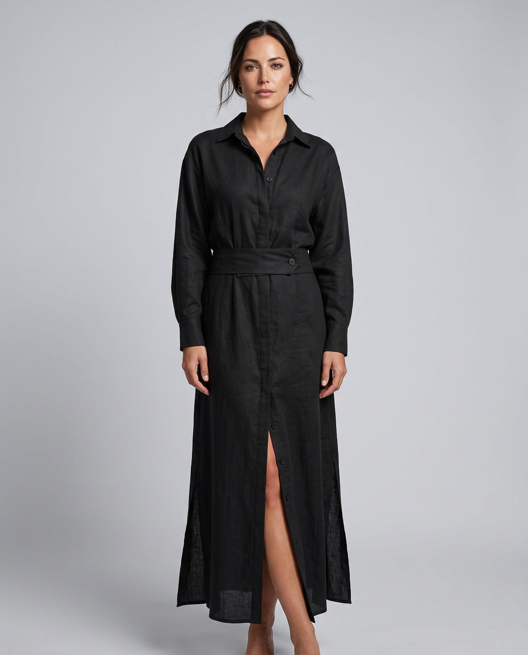 Evie | Relaxed Belted Long Sleeve Linen Dress