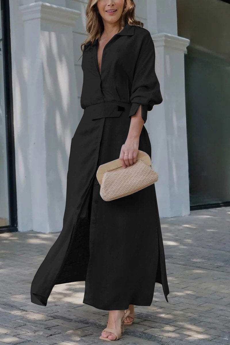 Evie | Relaxed Belted Long Sleeve Linen Dress