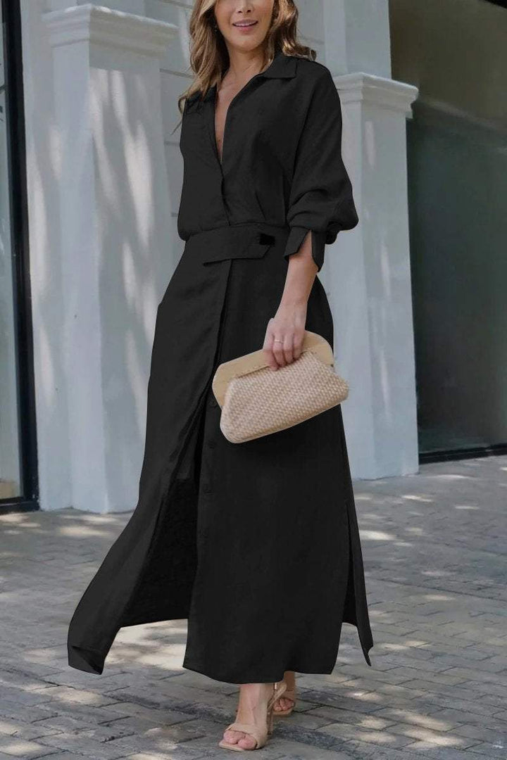 Evie | Relaxed Belted Long Sleeve Linen Dress