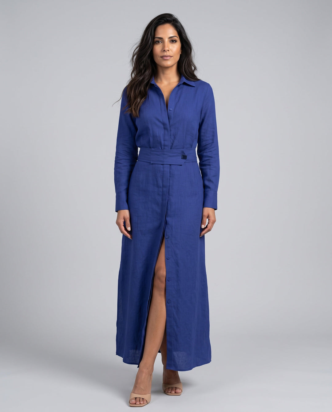 Evie | Relaxed Belted Long Sleeve Linen Dress