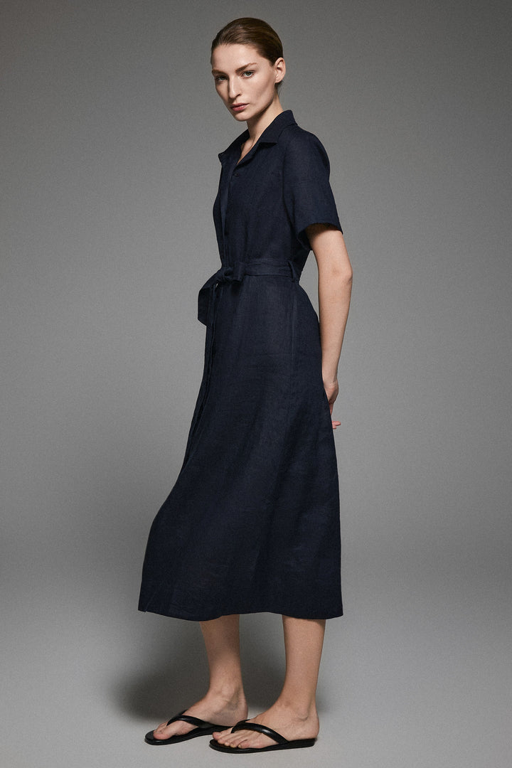 Evie | Timeless Maxi Linen Dress with Tie-Waist Shirt Collar