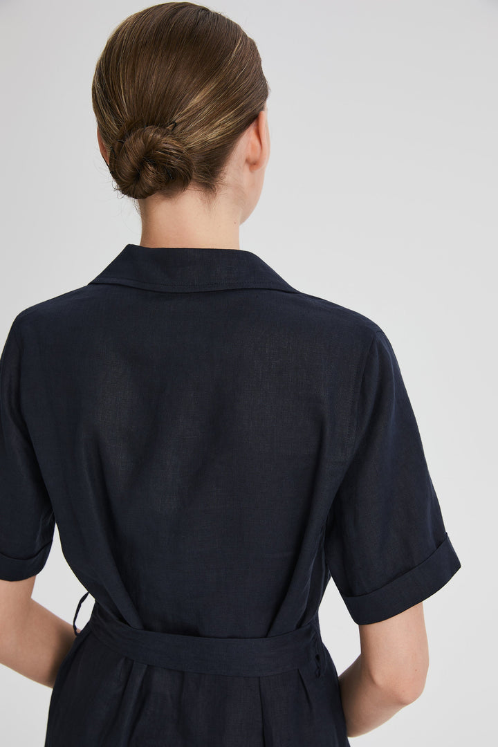 Evie | Timeless Maxi Linen Dress with Tie-Waist Shirt Collar