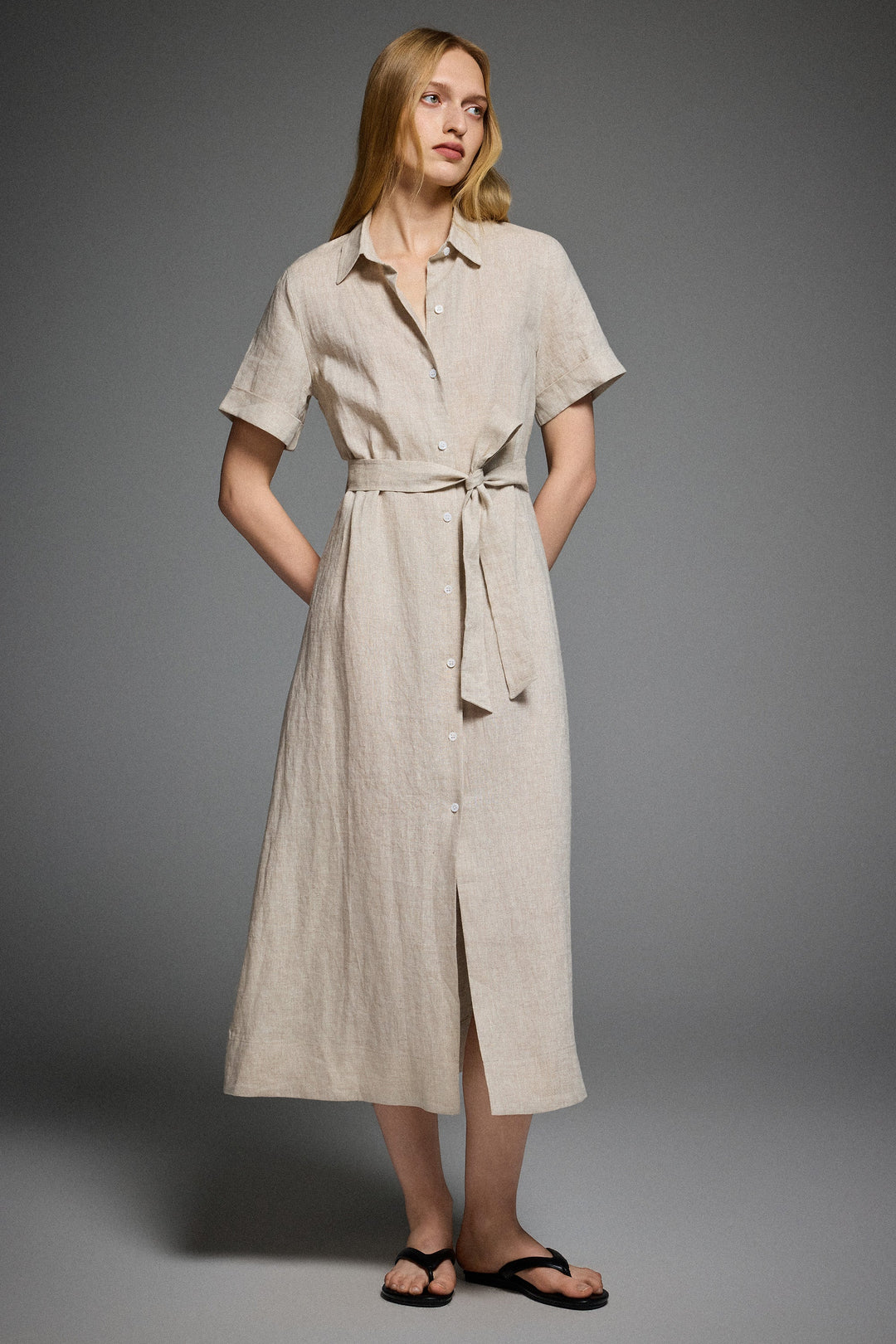 Evie | Timeless Maxi Linen Dress with Tie-Waist Shirt Collar