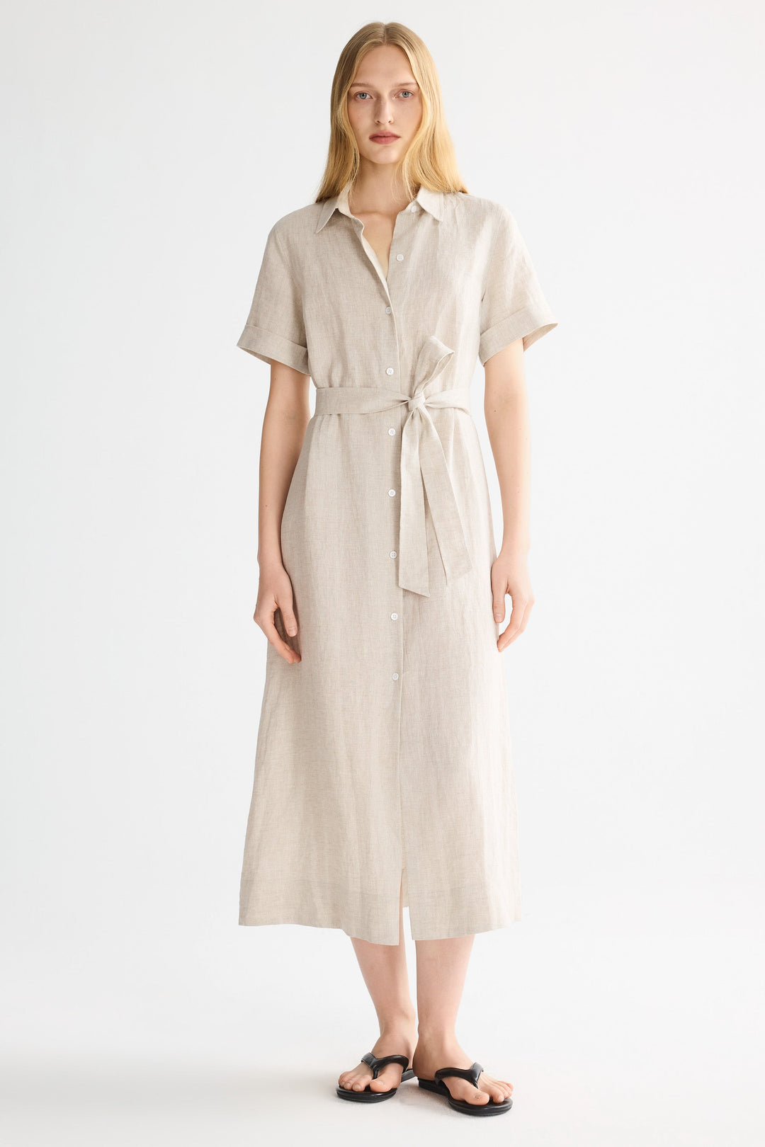 Evie | Timeless Maxi Linen Dress with Tie-Waist Shirt Collar