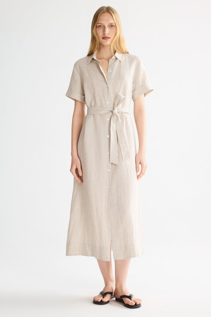 Evie | Timeless Maxi Linen Dress with Tie-Waist Shirt Collar
