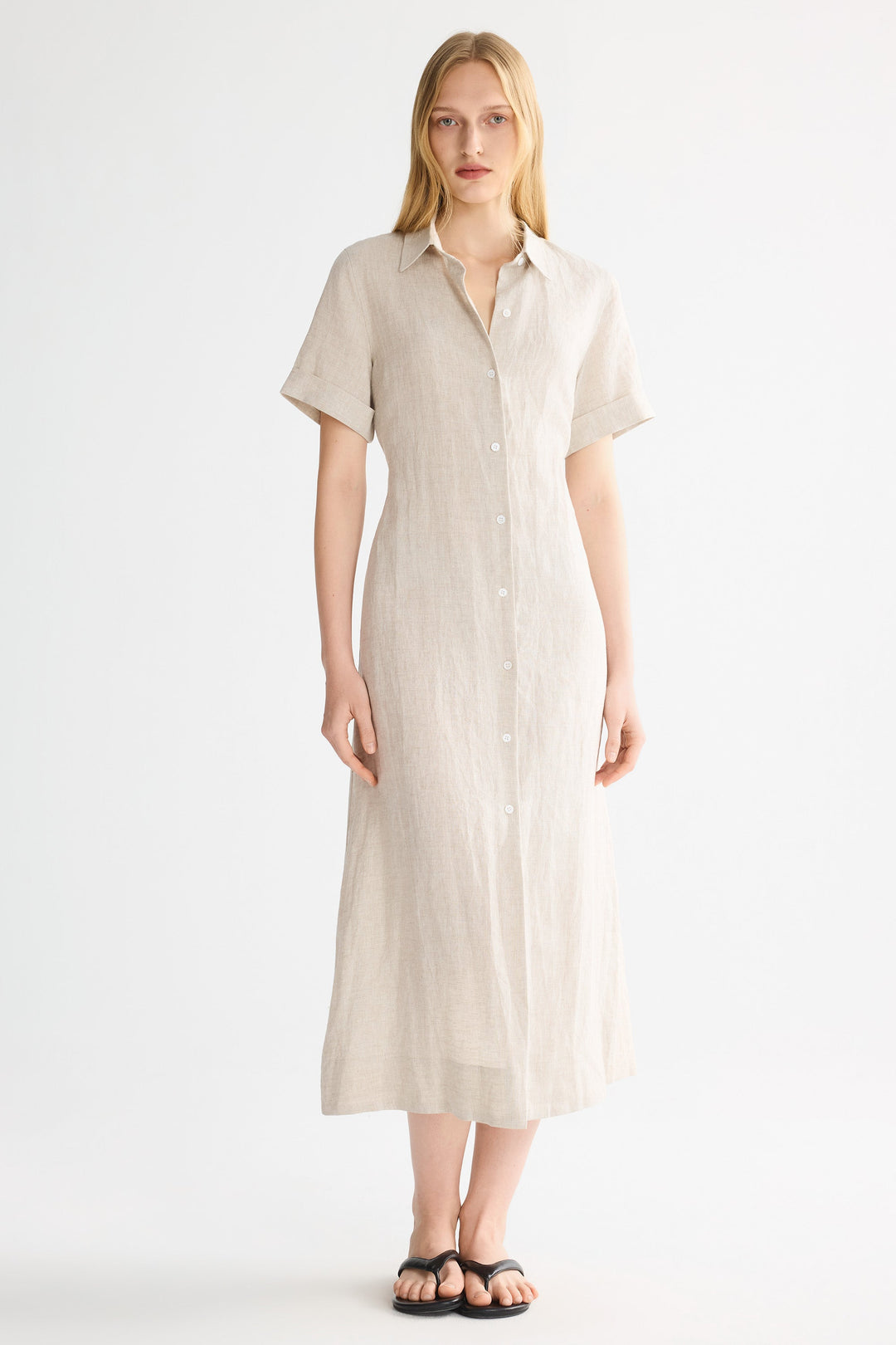 Evie | Timeless Maxi Linen Dress with Tie-Waist Shirt Collar