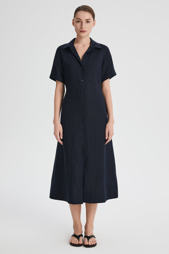 Evie | Timeless Maxi Linen Dress with Tie-Waist Shirt Collar