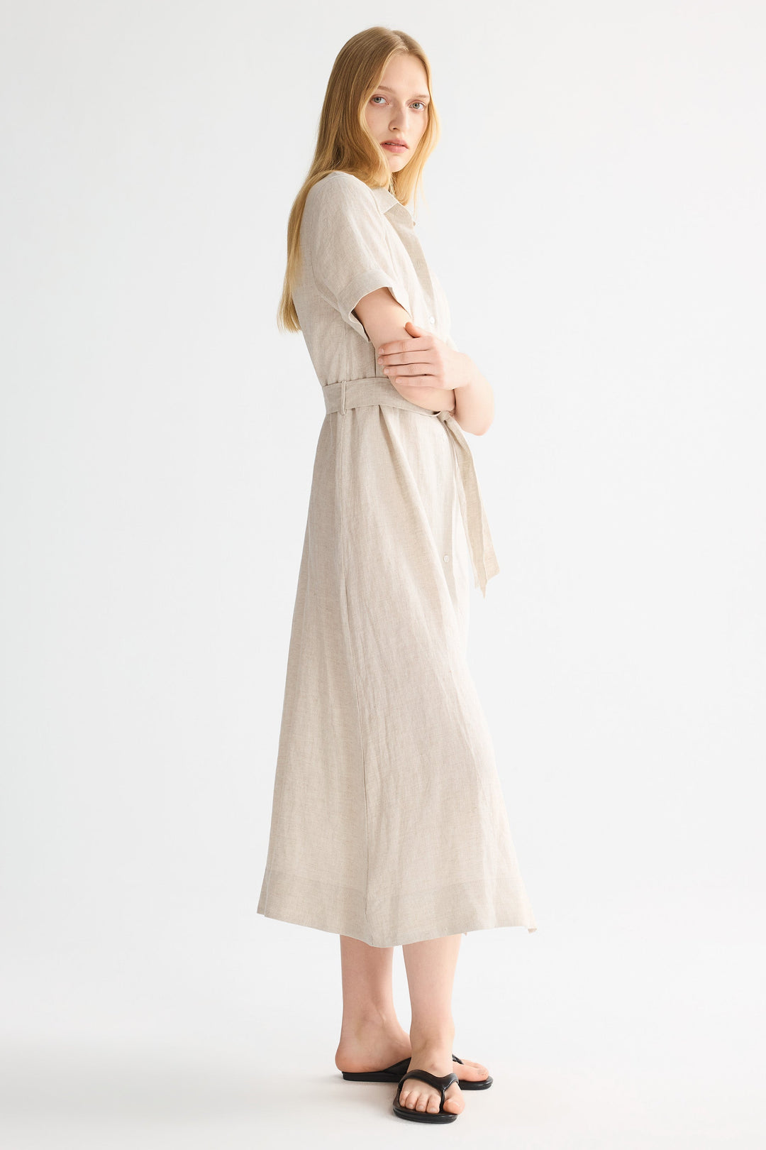 Evie | Timeless Maxi Linen Dress with Tie-Waist Shirt Collar