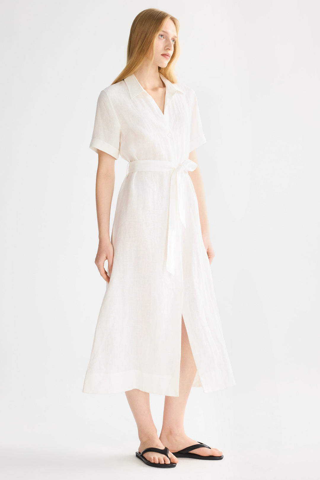 Evie | Timeless Maxi Linen Dress with Tie-Waist Shirt Collar