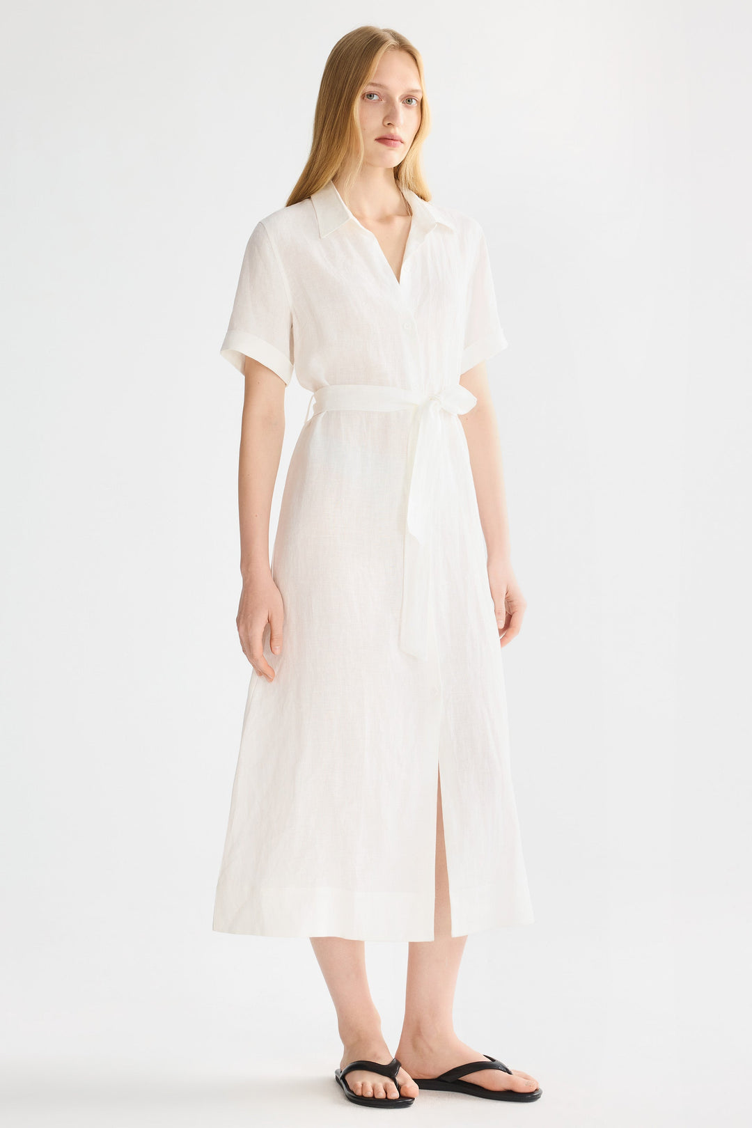 Evie | Timeless Maxi Linen Dress with Tie-Waist Shirt Collar