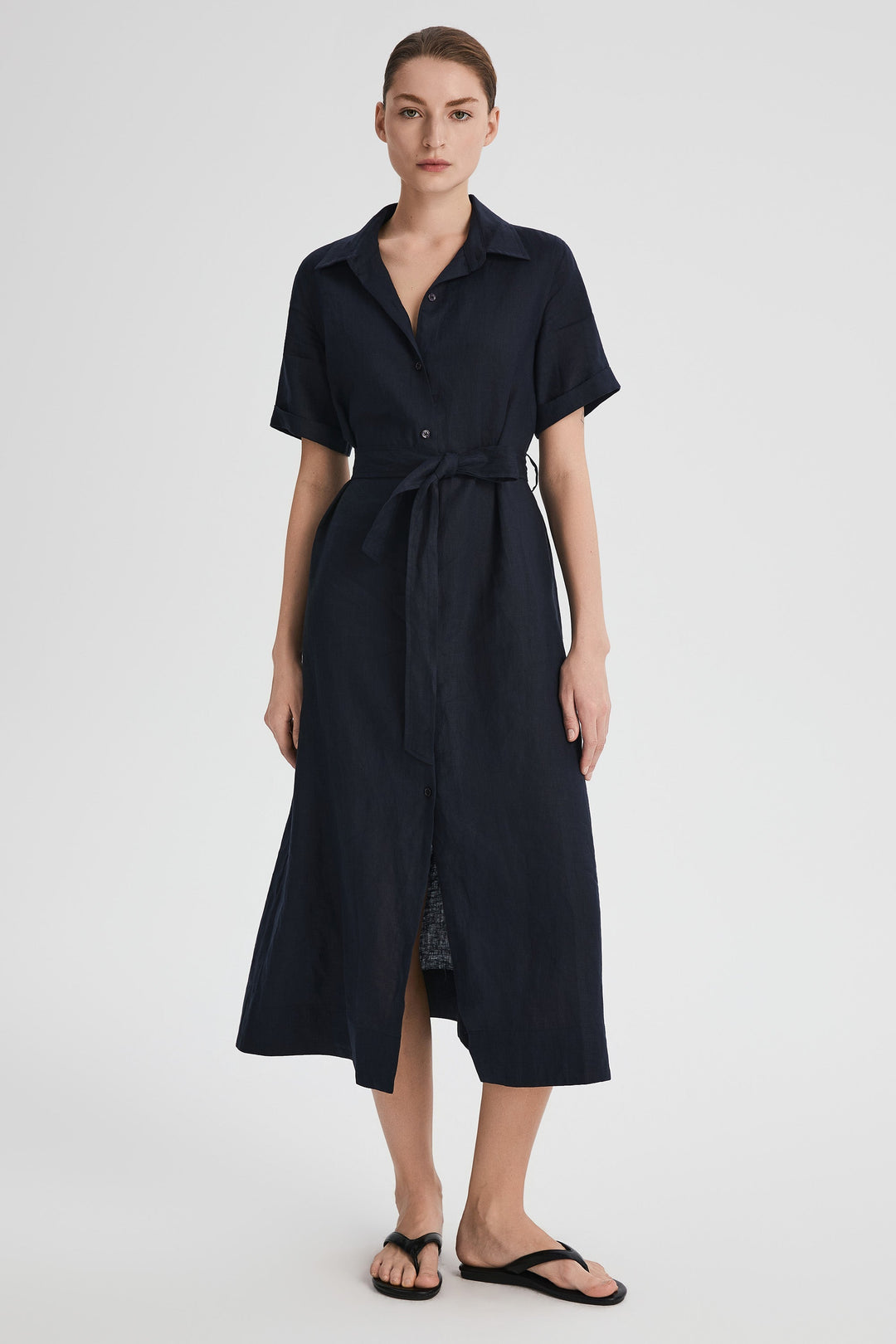 Evie | Timeless Maxi Linen Dress with Tie-Waist Shirt Collar