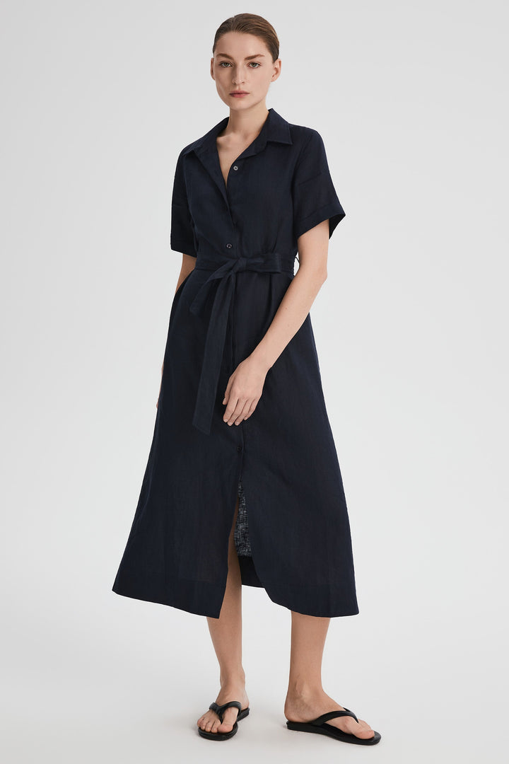 Evie | Timeless Maxi Linen Dress with Tie-Waist Shirt Collar