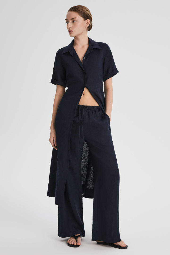 Evie | Timeless Maxi Linen Dress with Tie-Waist Shirt Collar