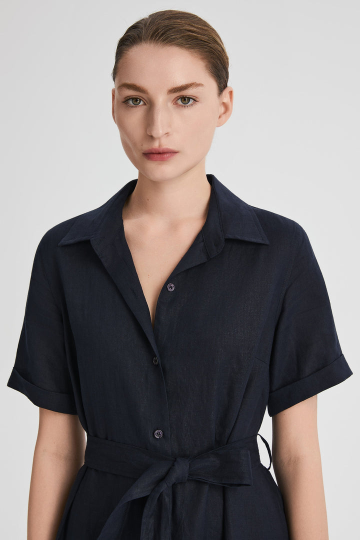Evie | Timeless Maxi Linen Dress with Tie-Waist Shirt Collar