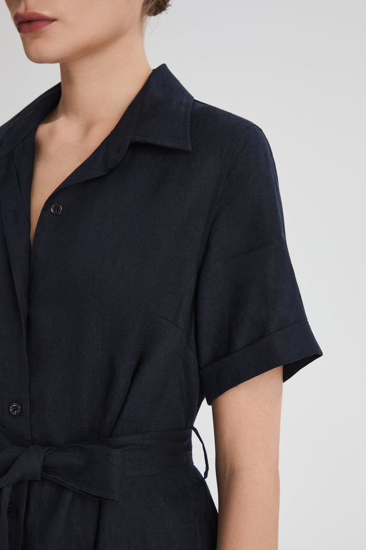 Evie | Timeless Maxi Linen Dress with Tie-Waist Shirt Collar