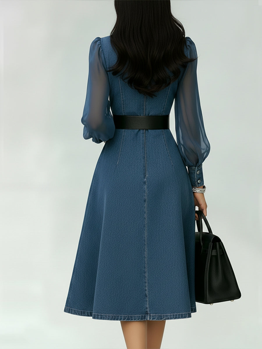 Florence | Chic Belted A-Line Denim Dress with Sheer Sleeves