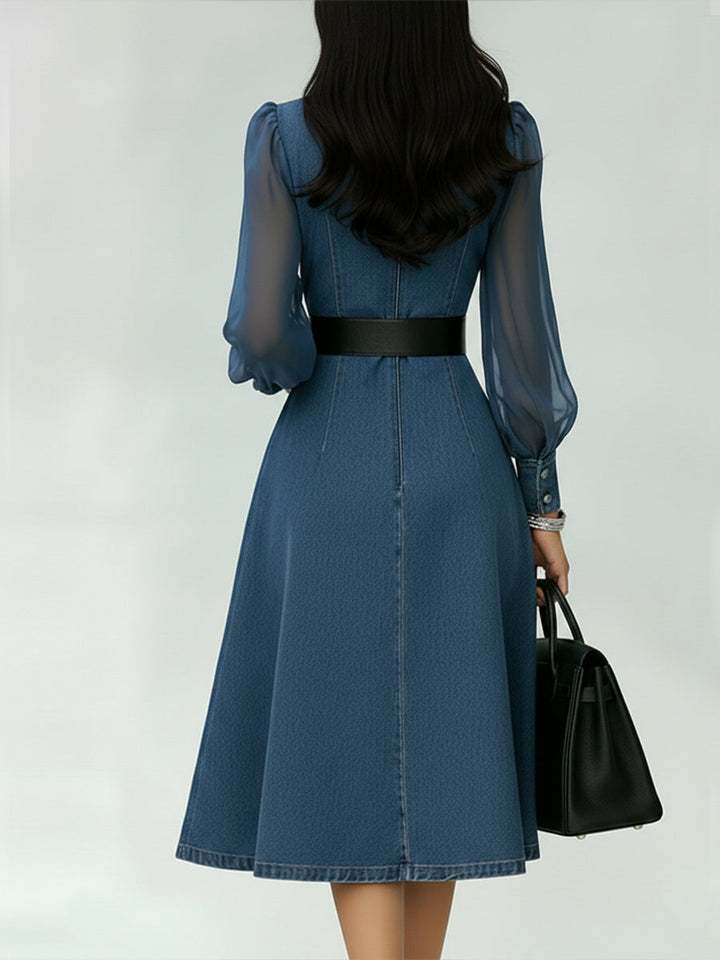 Florence | Chic Belted A-Line Denim Dress with Sheer Sleeves