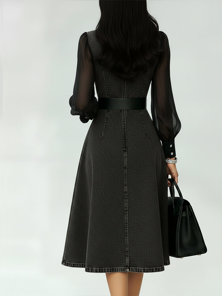 Florence | Chic Belted A-Line Denim Dress with Sheer Sleeves