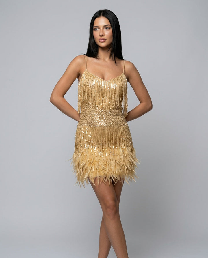 Florence | Polished Fringe Sequin Mini Dress with Feather Hem